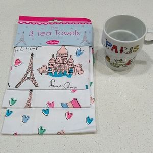 New (3) Paris Tea Towels + Paris Mug